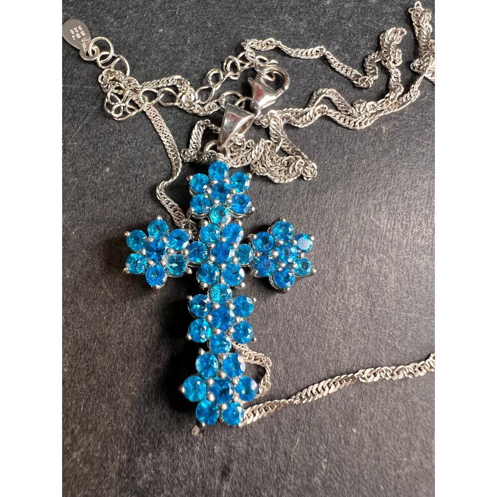 Neon Blue Apatite Rhodium Over Sterling Silver Cross Pendant With Chain 3.25ctw - Picture 13 of 16
